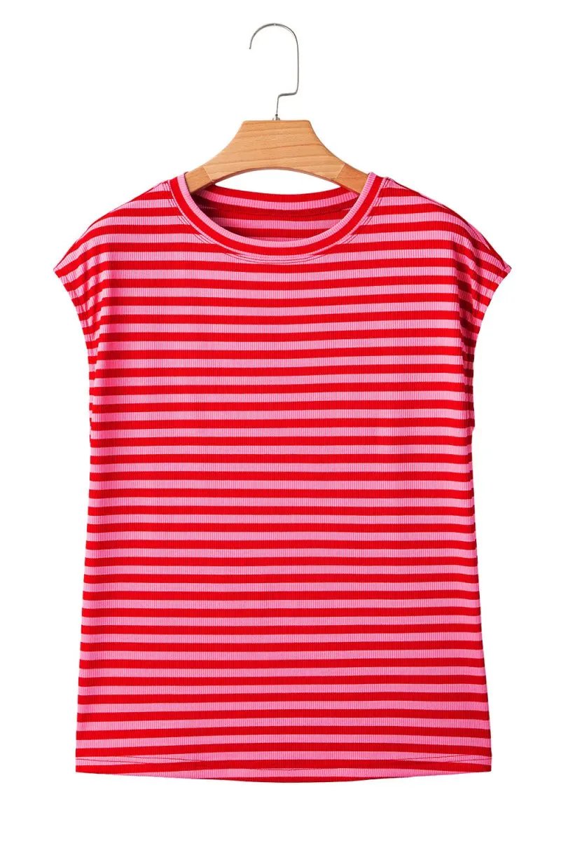 Red Stripe Ribbed Cap Sleeve Round Neck T Shirt for Women - Love Salve